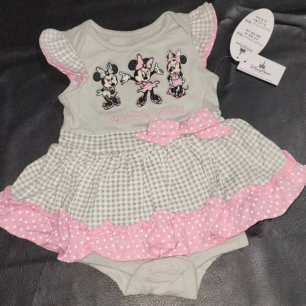 NWT Disney Parks Girls Walt Disney World Pink Gray Minnie Mouse Dress 3 Months